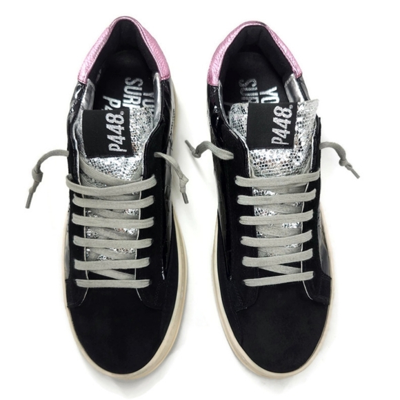 P448 John Black Suede Patent Leather Croc Pattern Pink Heel Pad Lace Up Sneakers - Picture 7 of 16